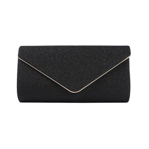 Sparkling black glitter evening clutch bag with elegant golden V-shaped metal trim