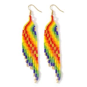 Bohemian rainbow beaded long fringe tassel earrings with golden hooks for women