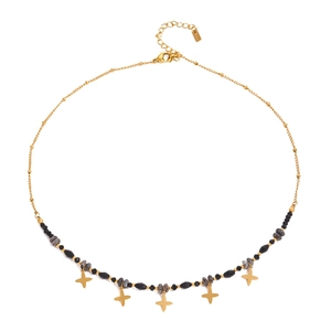 Golden stainless steel necklace with black beads and dangling star pendants