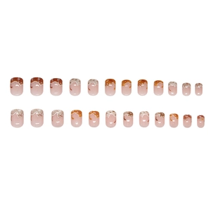 Cute cartoon cat press-on nails set with brown gradient and wave patterns, 24 pieces