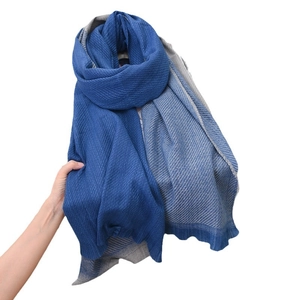 Winter double-sided color-block cashmere scarf in blue and grey with woven texture