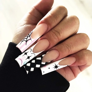 Extra long square press-on nails featuring Halloween clown and spider web artistic designs