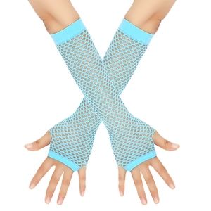 Detail view of sky blue long fishnet gloves with fingerless punk style design