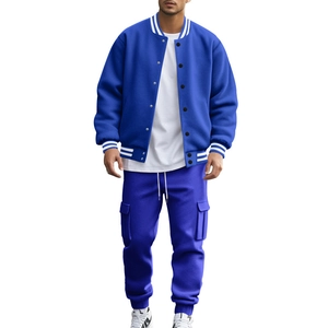 Detail of blue men's baseball jacket and cargo pants set with white striped collar accents