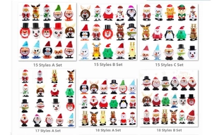 Detail view of various Christmas wind-up toy sets including Santa, reindeer and penguins