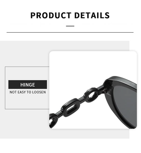 Detail of the chain-link temple design and reinforced metal hinge on black sunglasses