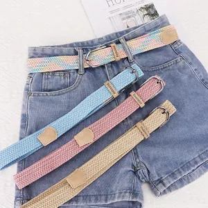 Braided elastic belts in four colors with metal buckle and fashion labels for denim jeans