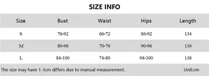 Detailed size chart for floral backless dress with bust, waist and hip measurements