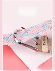 Detail of pink and blue woven elastic belt with silver D-ring buckle and Fashion logo