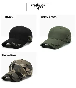 Detailed view of Navy Seal camouflage baseball caps in black, army green and camo colors