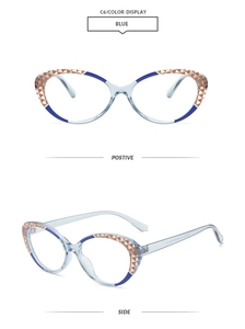 Detailed views of blue cat-eye glasses frame with geometric orange and white patterns