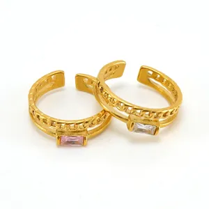 18K Gold Plated Stainless Steel Adjustable Ring Double Layer Hollow Chain Texture Rectangular Zircon Jewelry For Women