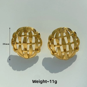 Close-up of 26mm gold hollow woven knot earrings weighing 11g with metallic texture