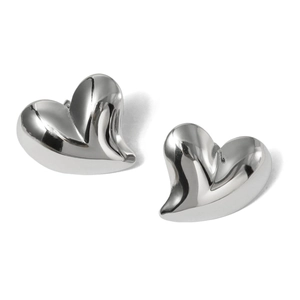 Macro view of polished silver heart-shaped stud earrings in 3D metallic finish