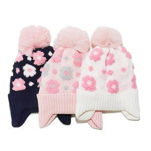 Kids Knitted Beanie Hat With Ear Flaps Acrylic Fleece Lined Warm Winter Floral Pom Pom For Girls