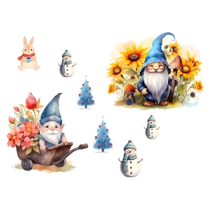 Detailed watercolor Christmas wall decals featuring cute rabbits, gnomes, and snowmen motifs