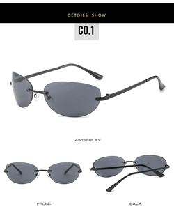 Three-view layout of frameless cat-eye sunglasses with dark grey lenses and metal temples