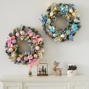 Christmas Wreath Artificial Flocking Pine Needles LED Light Up Decorative Garland For Front Door Wall Home Holiday Party