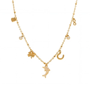 Stainless steel dolphin necklace with zircon heart clover and horseshoe charms