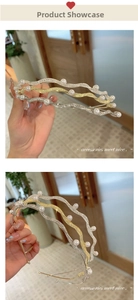 Detail of wavy metal headbands with sparkling finish and inlaid white faux pearls