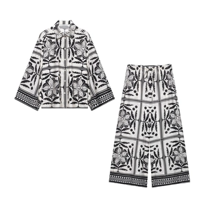 Tenues Chemise Imprimé Floral Géométrique Et Pantalon Large Polyester Manches Longues Évasées Décontracté Vacances