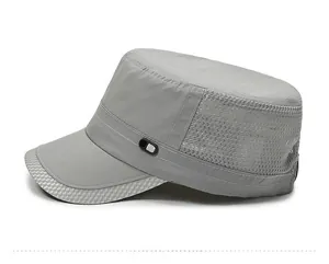 Side view of gray cadet cap featuring breathable mesh panels and subtle plaid brim piping