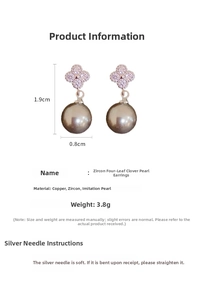 Detail view of clover zircon pearl earrings showing 1.9cm length and 0.8cm pearl size