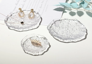 Irregular textured glass trays for jewelry display with ice crackle pattern and wavy edges