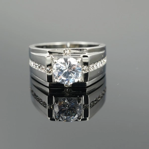 Classic silver titanium steel men's ring with large round solitaire and side accents