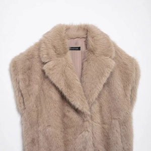 Front view of taupe faux fur vest with soft plush texture for stylish layering