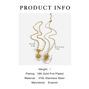 Detailed size and weight specs for sun pendant and enamel shell necklaces in 316L steel