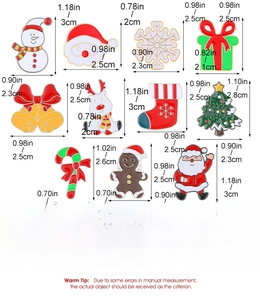 Size guide for Christmas enamel pins including snowman, reindeer and tree dimensions
