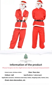 Front and back view of red Christmas Santa Claus costume set with belt and sizing info