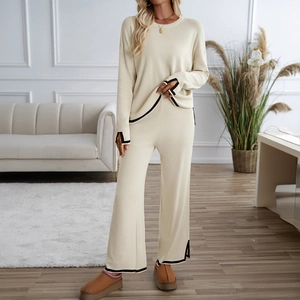 Women Knitted Long Sleeve Sweater And Wide Leg Pants Outfit With Contrast Trim Casual Loungewear Elegant Clothing