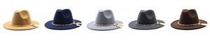 Close-up showing colorful fedora hats with gold chain and pearl tassel details