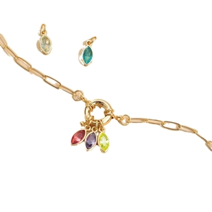 18K gold teardrop necklace with colorful birthstone pendants in red purple green yellow