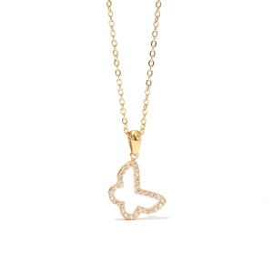 Elegant gold titanium butterfly necklace with sparkling zircon crystals on white background