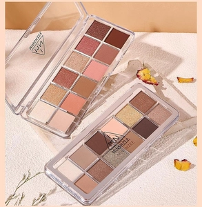 Detailed view of 10 and 12-color earth tone eyeshadow palettes with matte and shimmer textures