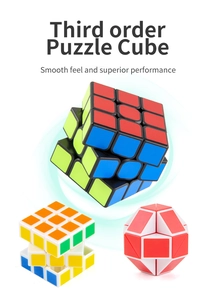 Macro view of smooth 3x3 speed cube with color panels and twisty snake puzzle toy set