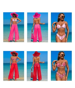 Detailed views of women's 3-piece zebra print bikini set with matching mesh beach trousers