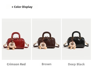 Boston bags in red, brown, and black with polished finish and plush sheep charms