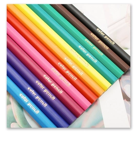 Close-up of vibrant 12-color pencils with black hexagonal barrels and gold lettering