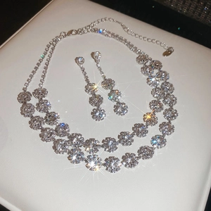 Detailed view of luxury silver double-layered round floral jewelry set with zircons