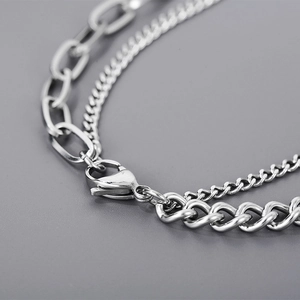 Detail of silver titanium steel necklace featuring a lobster clasp and dual chain links