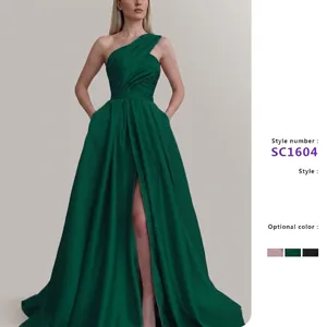 Women Sexy One Shoulder Evening Dress High Slit Ruched Satin Look Formal Party Maxi Gown Wedding Guest Apparel Dress