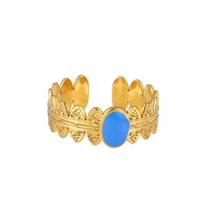 Detailed close-up of adjustable gold-plated ring with blue enamel and leaf texture