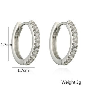 Detail view of silver zircon hoop earrings with 1.7cm dimensions and 3g weight info
