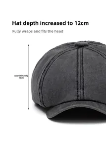 Detail of grey washed cotton newsboy hat featuring 12cm depth and reinforced stitching