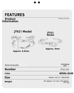 Detailed size specifications for S925 sterling silver irregular wavy open rings
