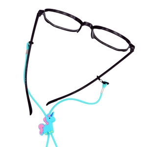 Kids blue silicone glasses strap with unicorn charm and non-slip rubber connectors
